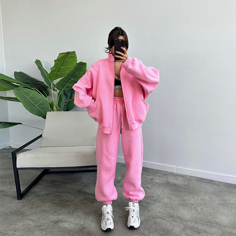 Sports Suits With Pockets Stand-up Collar Zipper Cardigan And Drawstring Trousers Fashion Jogger Set