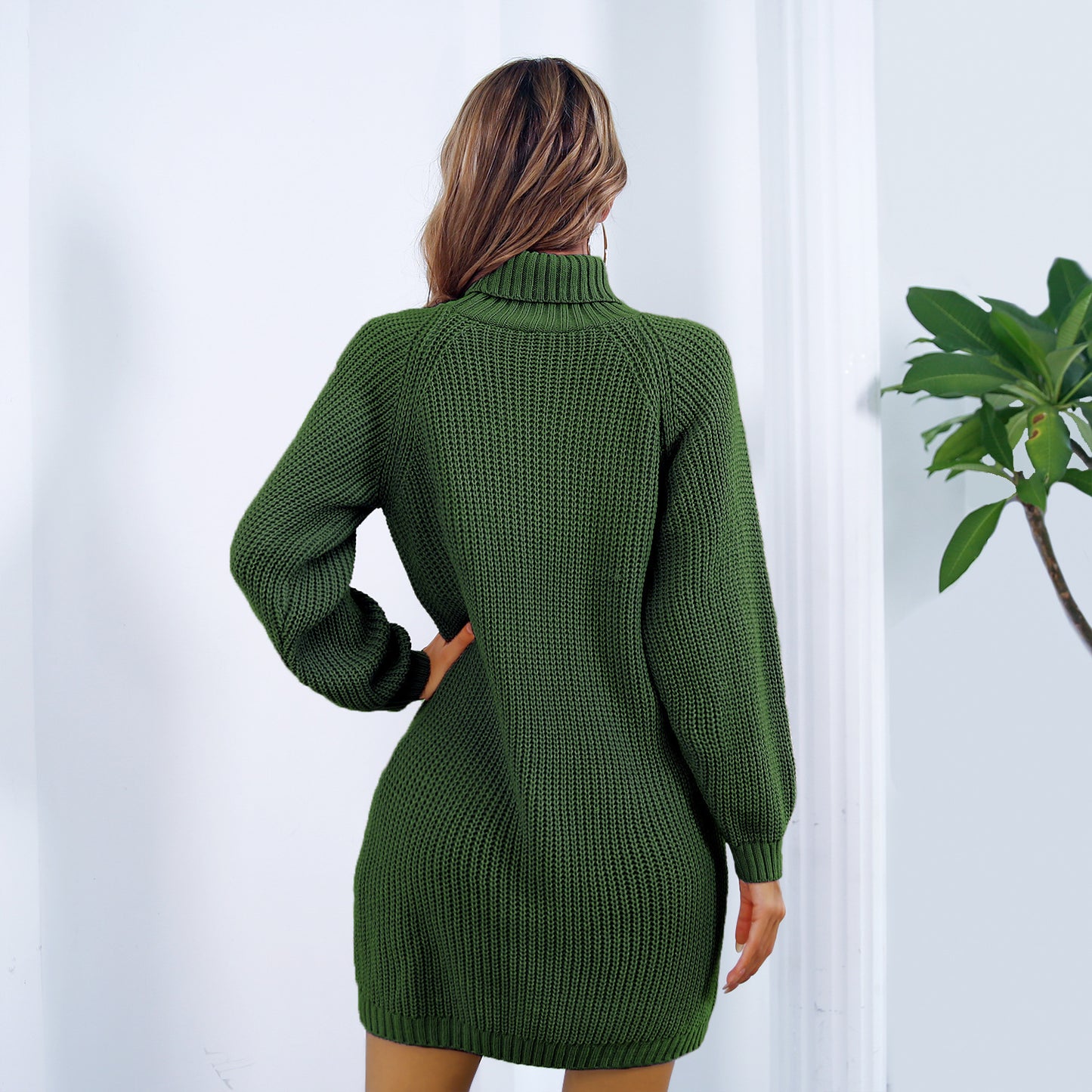 Winter Turtleneck Long Sweater Dress With Button Design