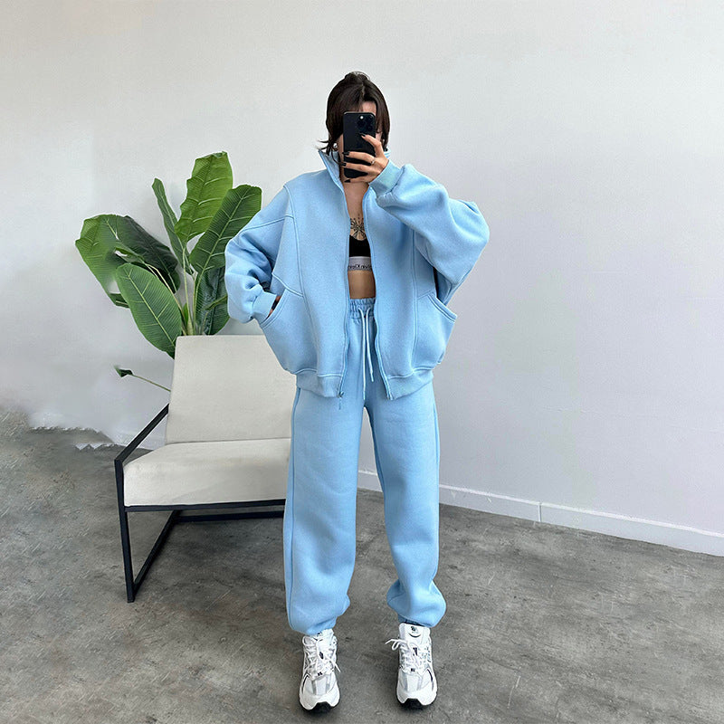 Sports Suits With Pockets Stand-up Collar Zipper Cardigan And Drawstring Trousers Fashion Jogger Set