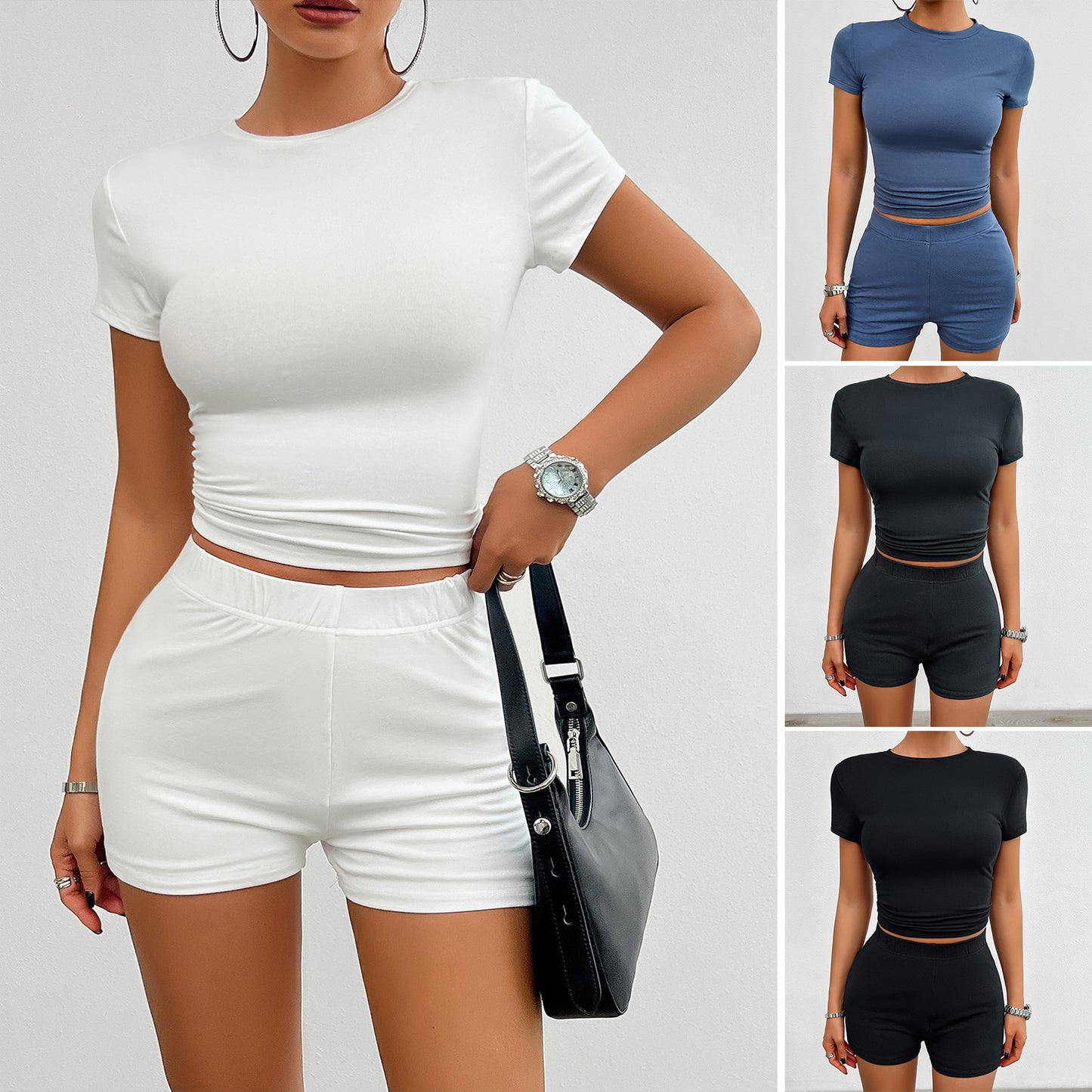 Solid Slim Sports Suit 2Pcs Short-sleeved Round Neck T-shirt And Elastic Shorts Womens Clothing