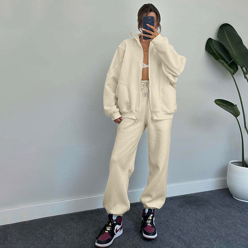 Sports Suits With Pockets Stand-up Collar Zipper Cardigan And Drawstring Trousers Fashion Jogger Set