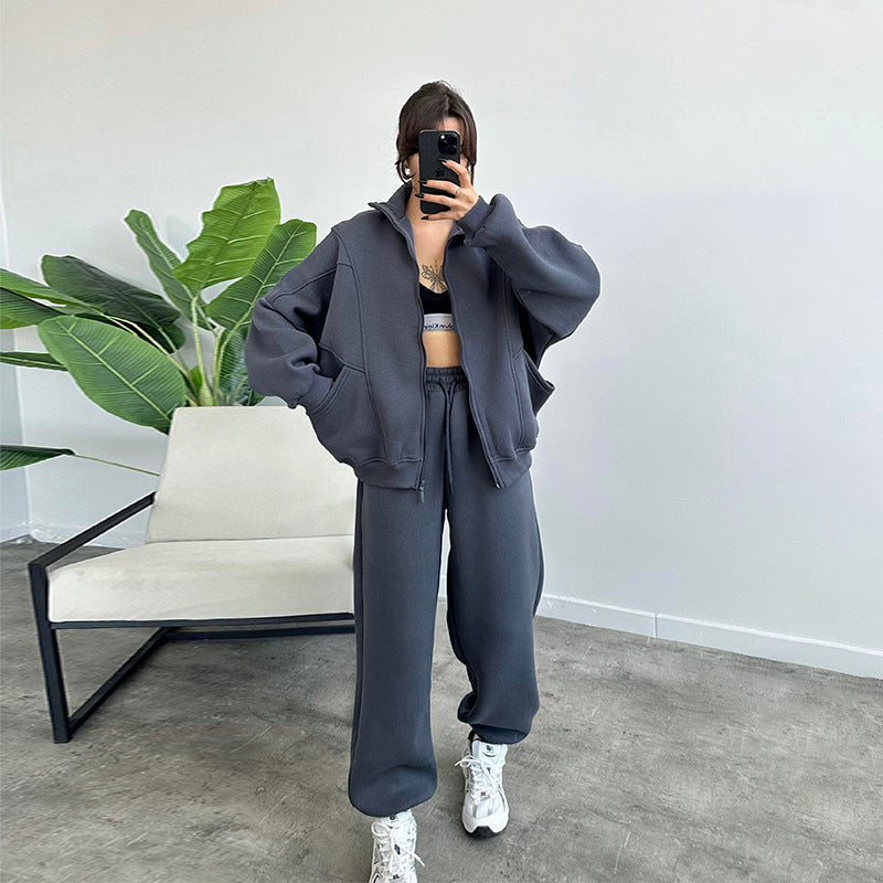 Sports Suits With Pockets Stand-up Collar Zipper Cardigan And Drawstring Trousers Fashion Jogger Set