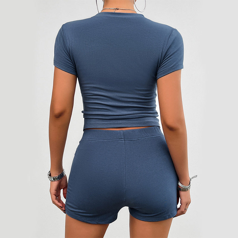 Solid Slim Sports Suit 2Pcs Short-sleeved Round Neck T-shirt And Elastic Shorts Womens Clothing