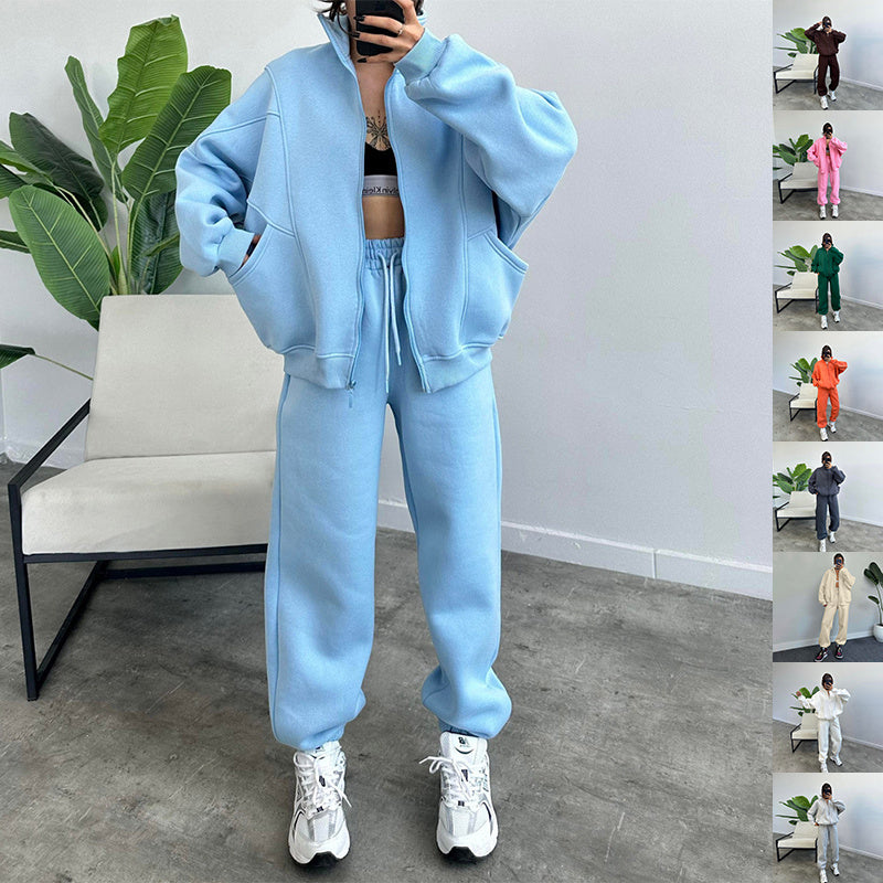 Sports Suits With Pockets Stand-up Collar Zipper Cardigan And Drawstring Trousers Fashion Jogger Set