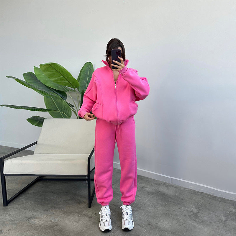 Sports Suits With Pockets Stand-up Collar Zipper Cardigan And Drawstring Trousers Fashion Jogger Set